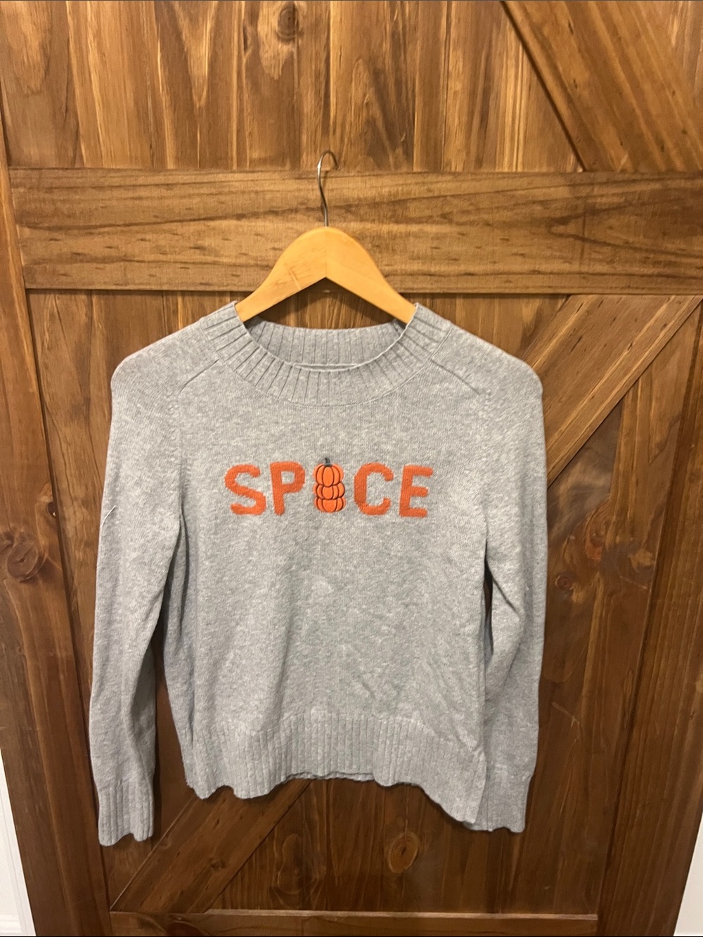 LOFT Gray Crewneck Sweater with Orange 'SPICE' Graphic